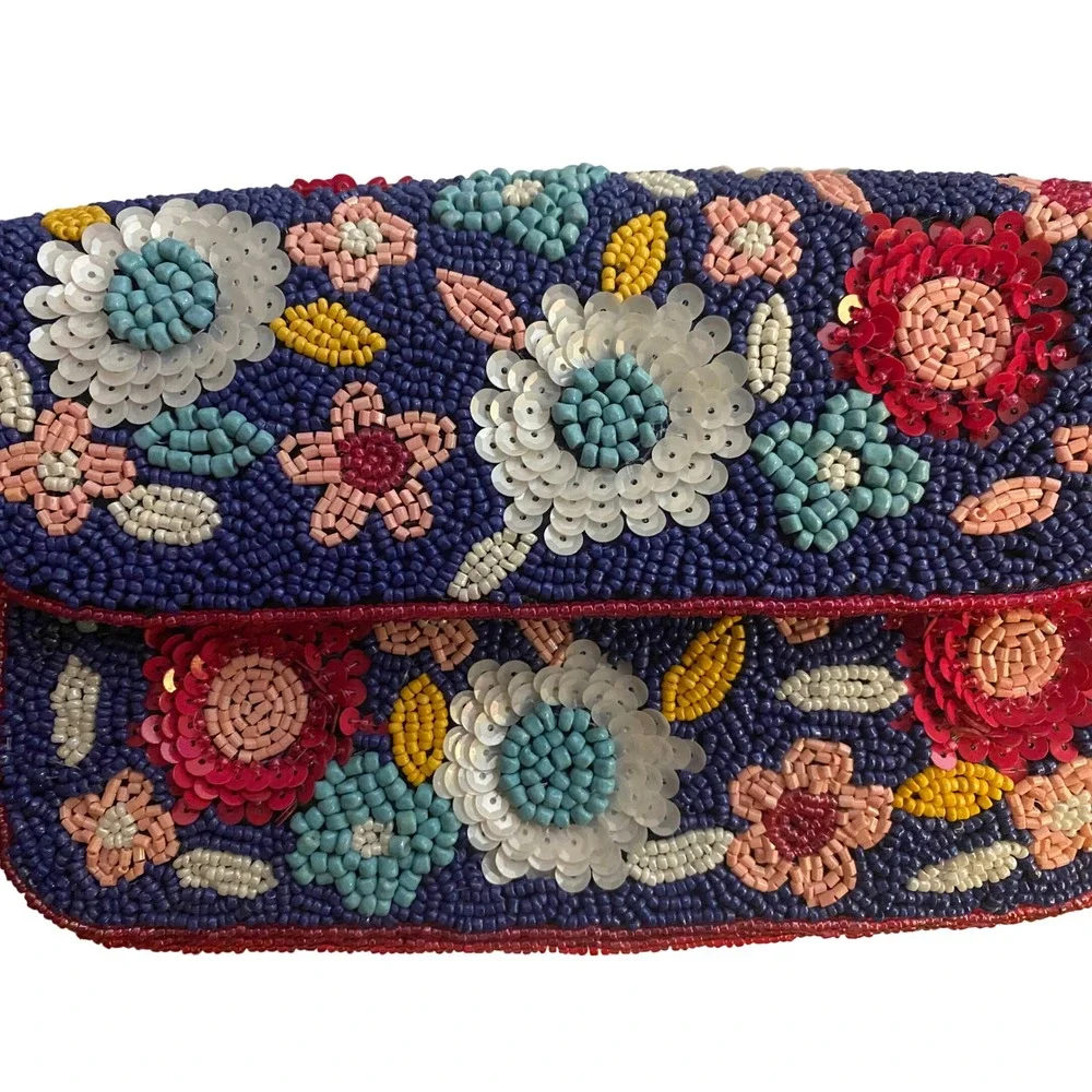 Floral Beaded Shoulder Bag Blue Pink Sequin Handcrafted Made in India NWT